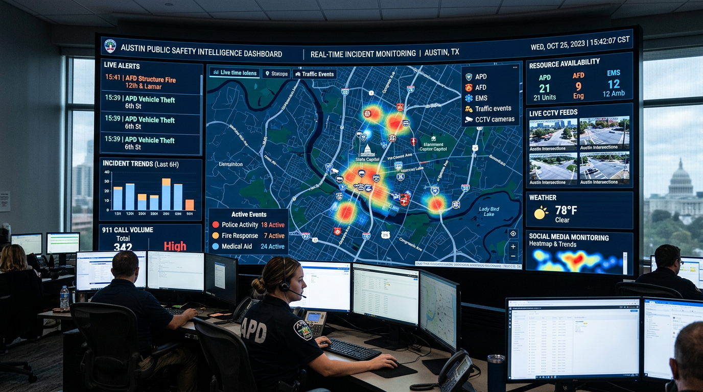 Public safety command center with large screen showing Austin incident map and live alerts