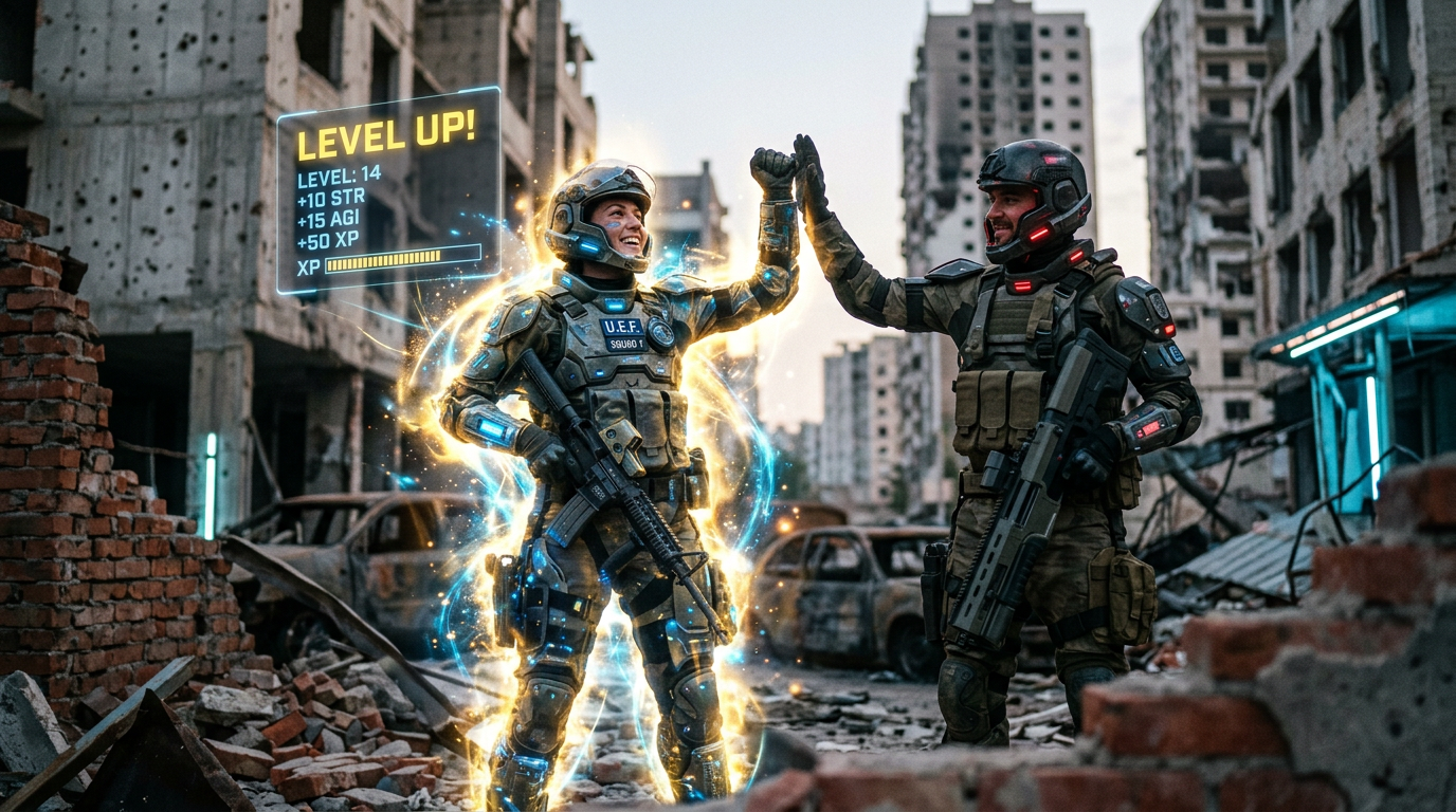 Two armed soldiers high-fiving in a ruined city, one glowing with level-up effects and stats displayed
