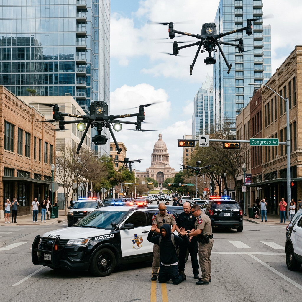 Police officers arresting a man on a city street with police drones flying overhead